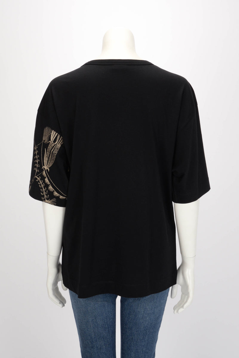 Dries Van Noten Black Cotton Floral Embroidered T-Shirt FR 40