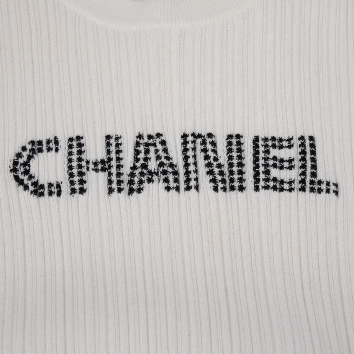 Chanel White Ribbed Cotton Logo Knit Top
