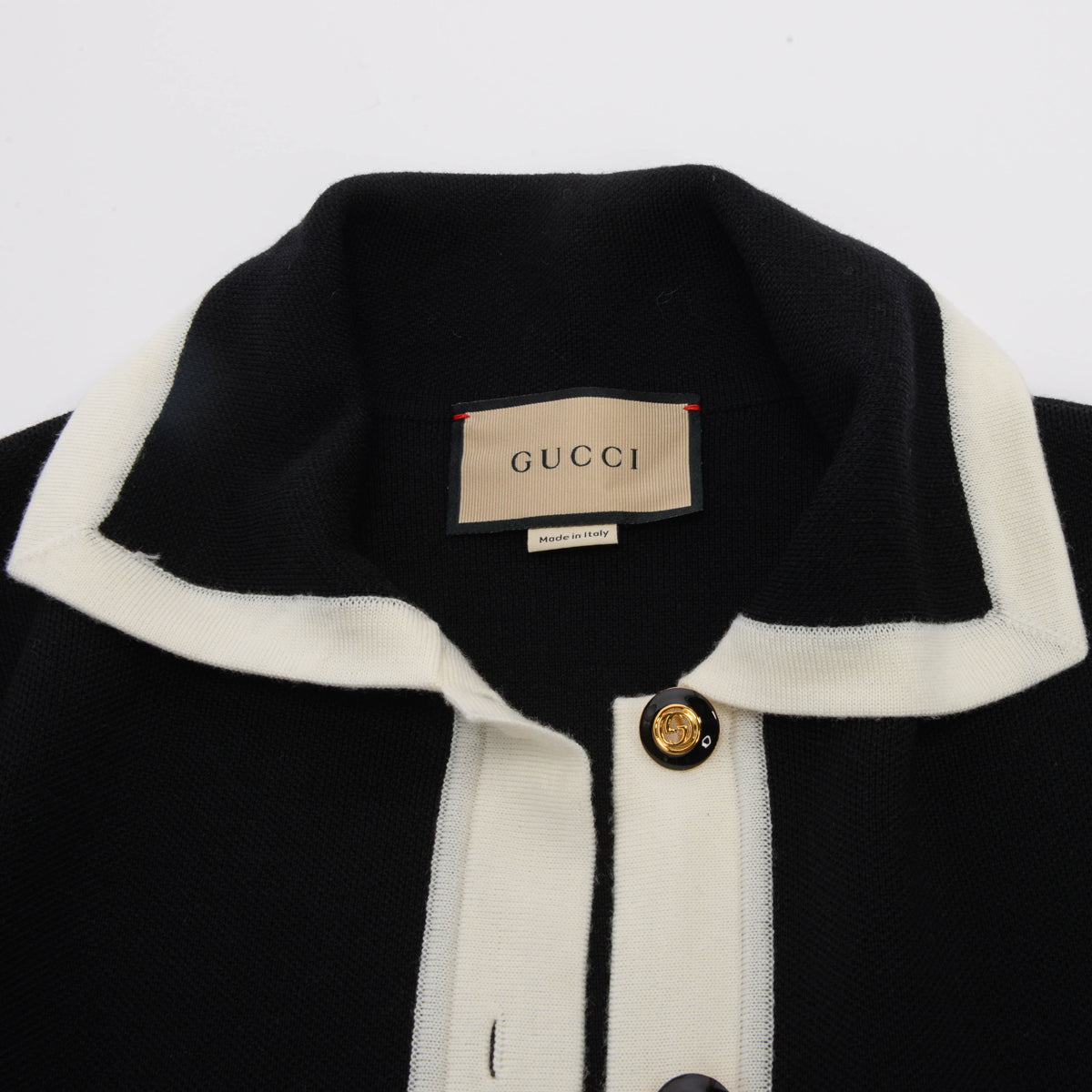 Gucci Black & Cream Wool Knit Logo Embroidered Cardigan M