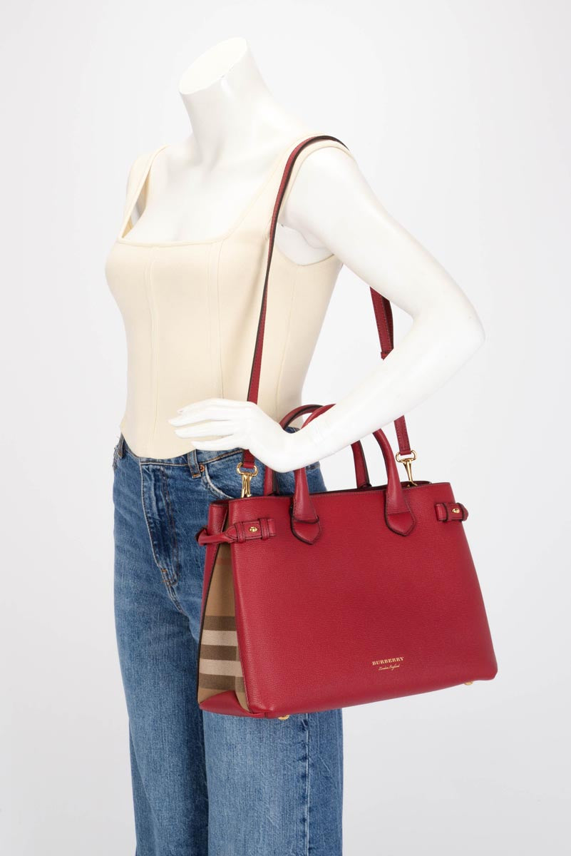 Burberry Red Derby Leather House Check Medium Banner Tote