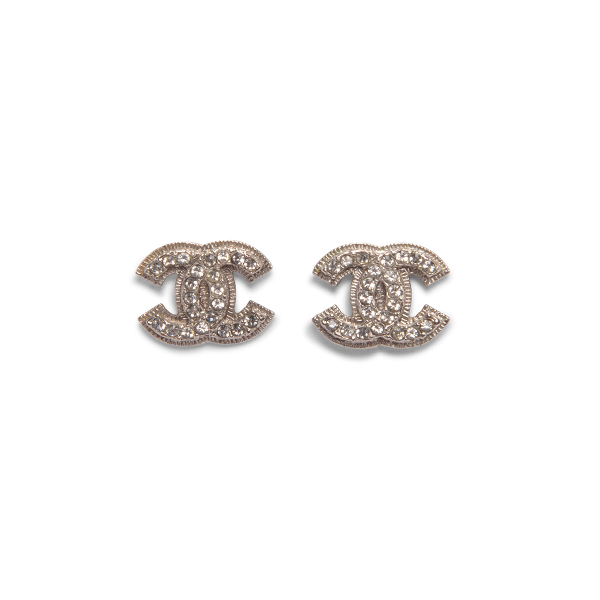 Chanel Silver Crystal CC Stud Earrings