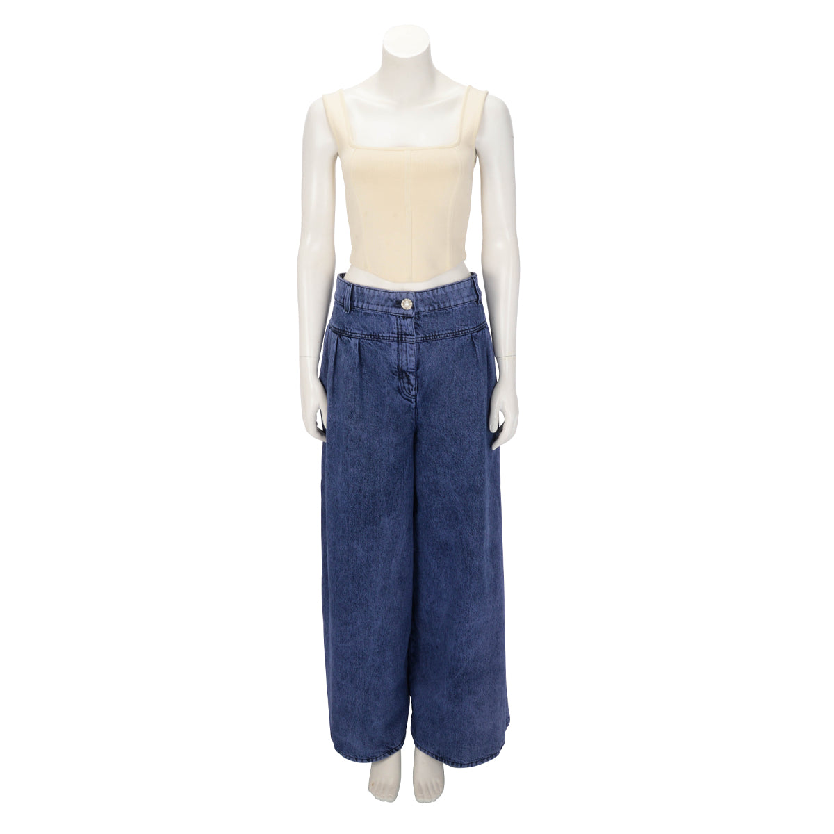 Chanel Blue Denim CC Pearl Embellished Wide Leg Jeans FR 50