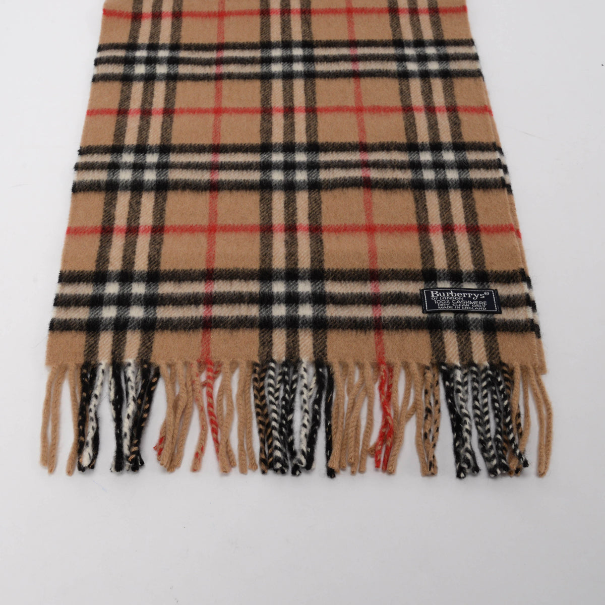 Burberry Camel Cashmere House Check Fringed Scarf