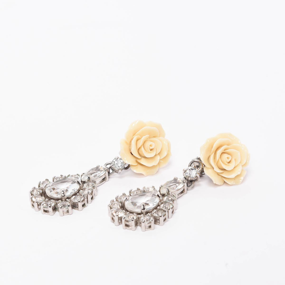 Prada Cream & Silver Crystal Rose Drop Clip Earrings