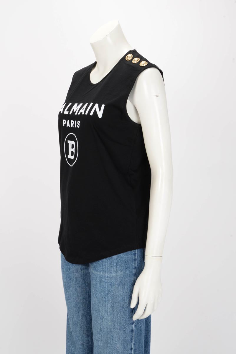 Balmain Black Cotton Logo Tank Top FR 38