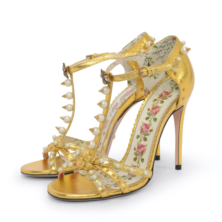 Gucci Gold Metallic Pearl Studded Regina Sandals 36.5