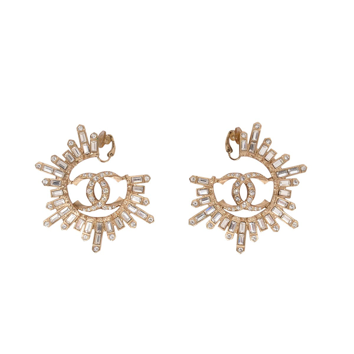 Chanel Gold Tone Baguette Crystal CC Clip-on Earrings