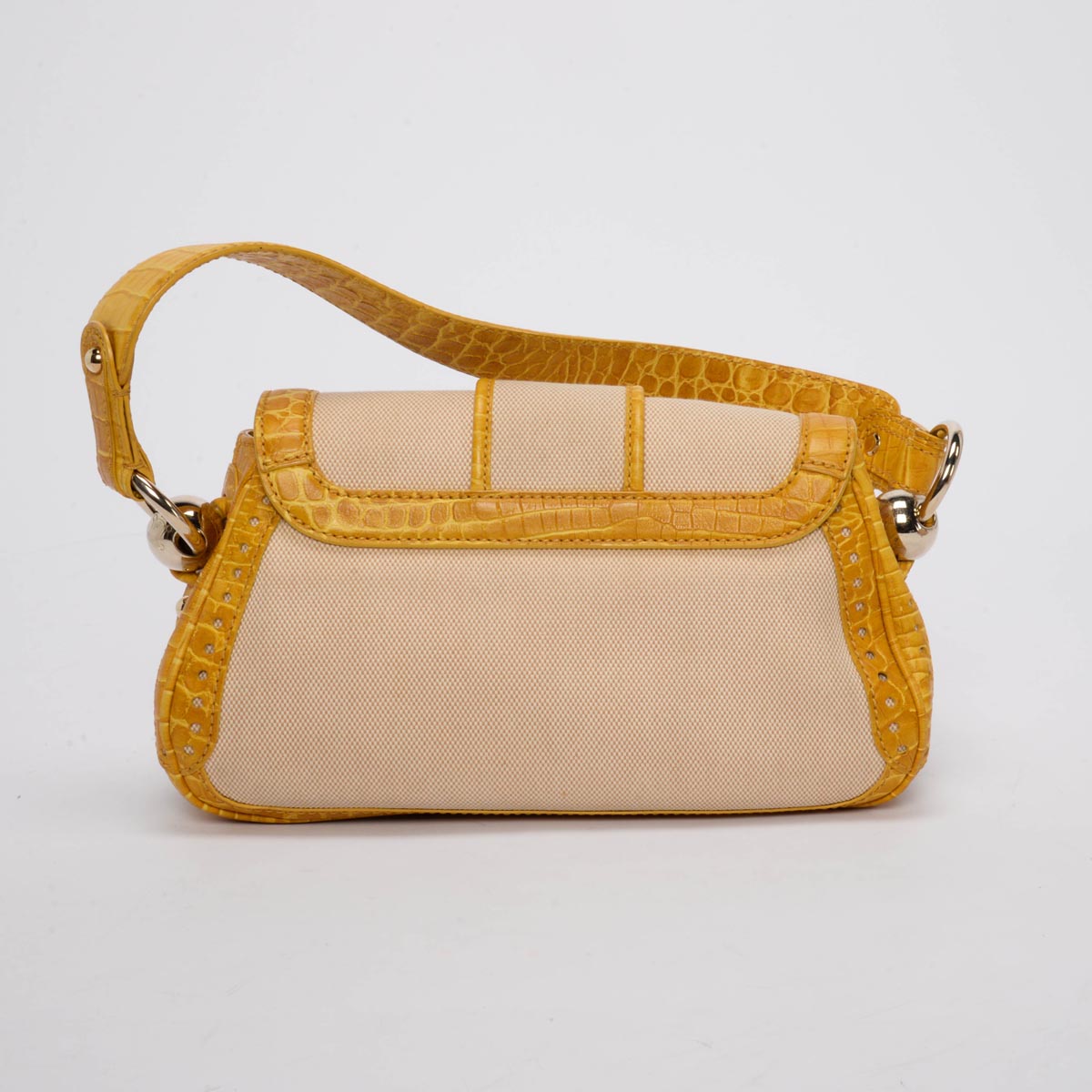 Celine Vintage Yellow Canvas Moc Croc Shoulder Bag