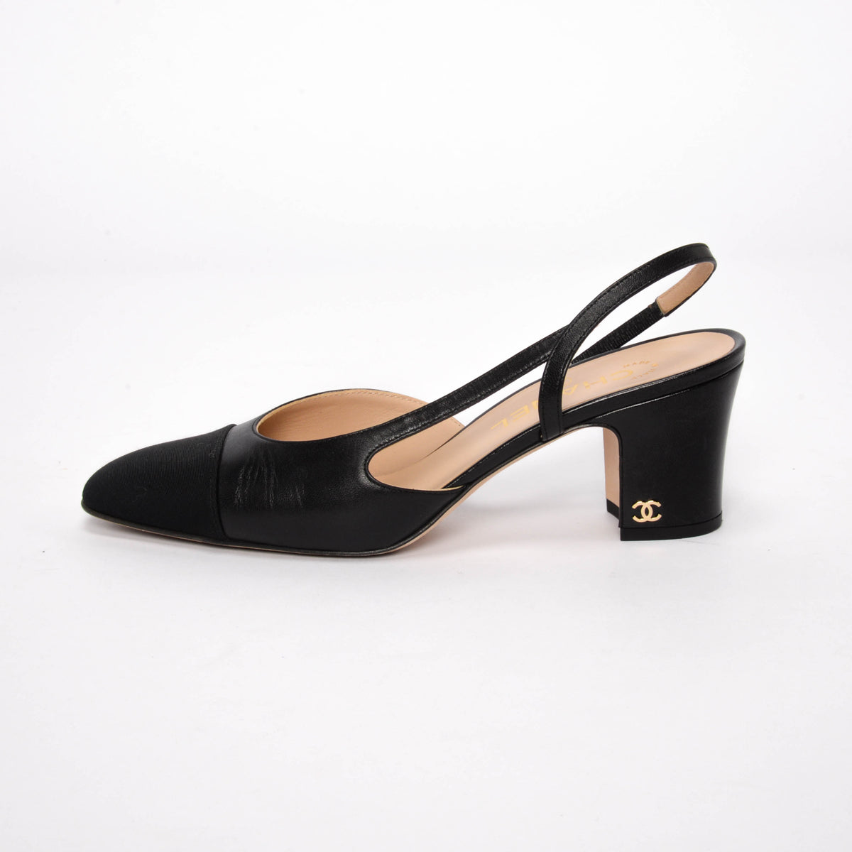 Chanel Black Lambskin & Grosgrain Slingback Pumps 38