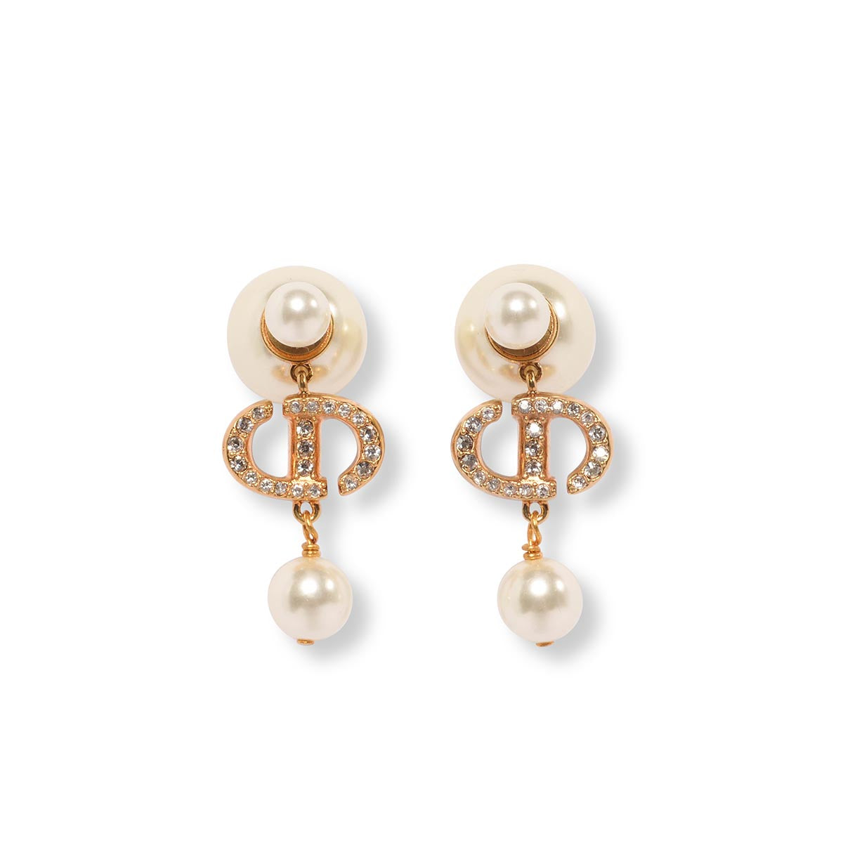 Dior Gold Tone Pearl & Crystal CD Tribales Earrings