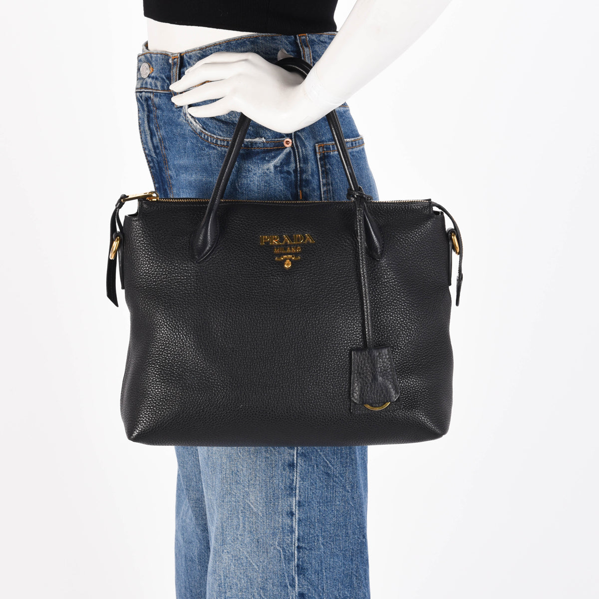 Prada Black Vitello Daino Top Handle Shoulder Bag