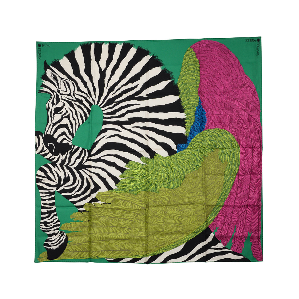 Hermes Green Silk Zebra Pegasus Scarf