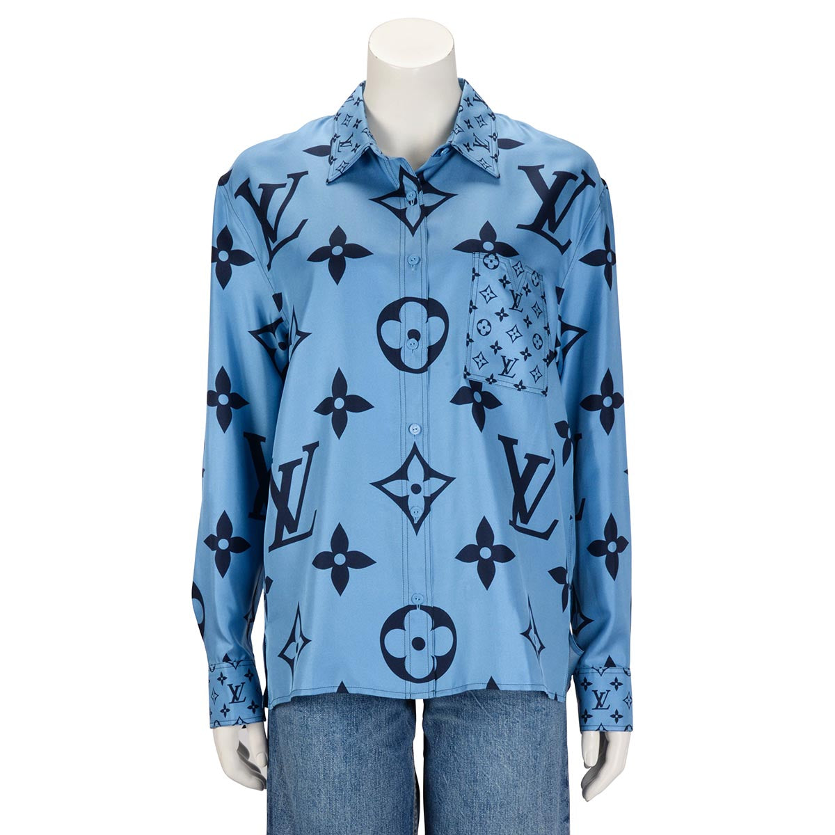 Louis Vuitton Bleu Ciel Monogram Silk Patch Pocket Shirt FR 42