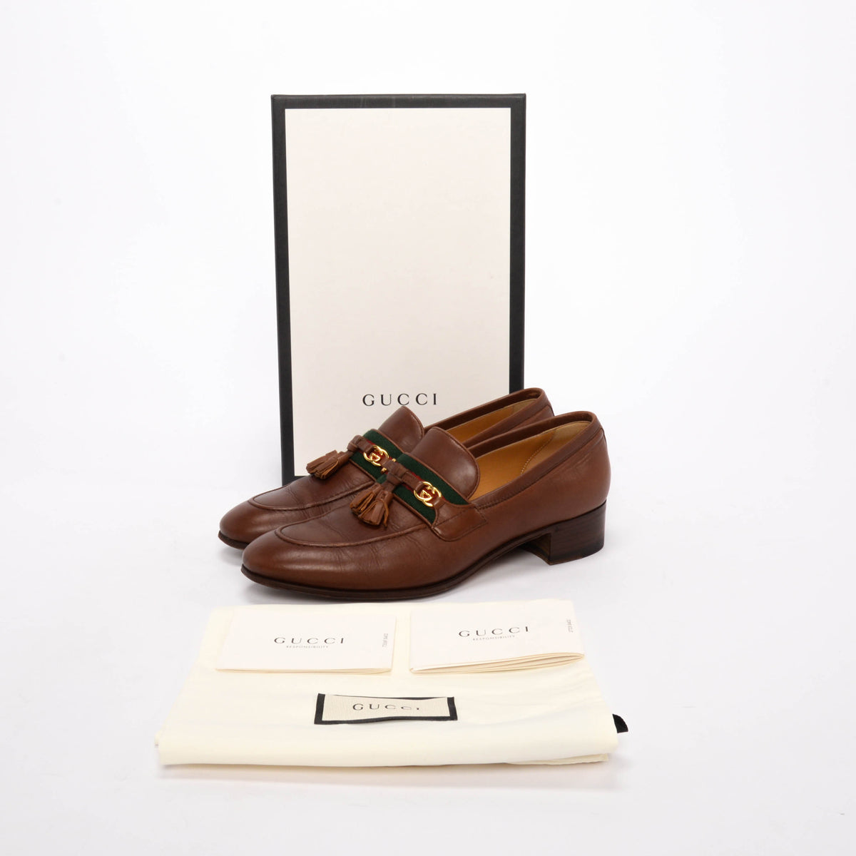 Gucci Brown Leather Paride Web Stripe Loafers 39.5
