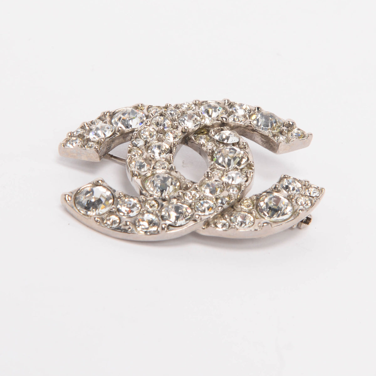 Chanel Silver Crystal Embellished CC Brooch