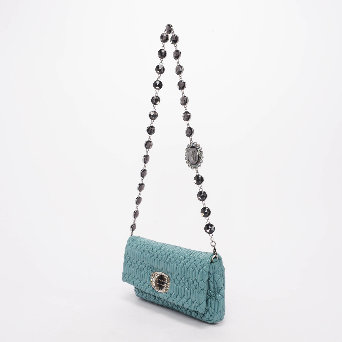 Miu Miu Mint Patent Matelasse Crystal Cross Body Bag