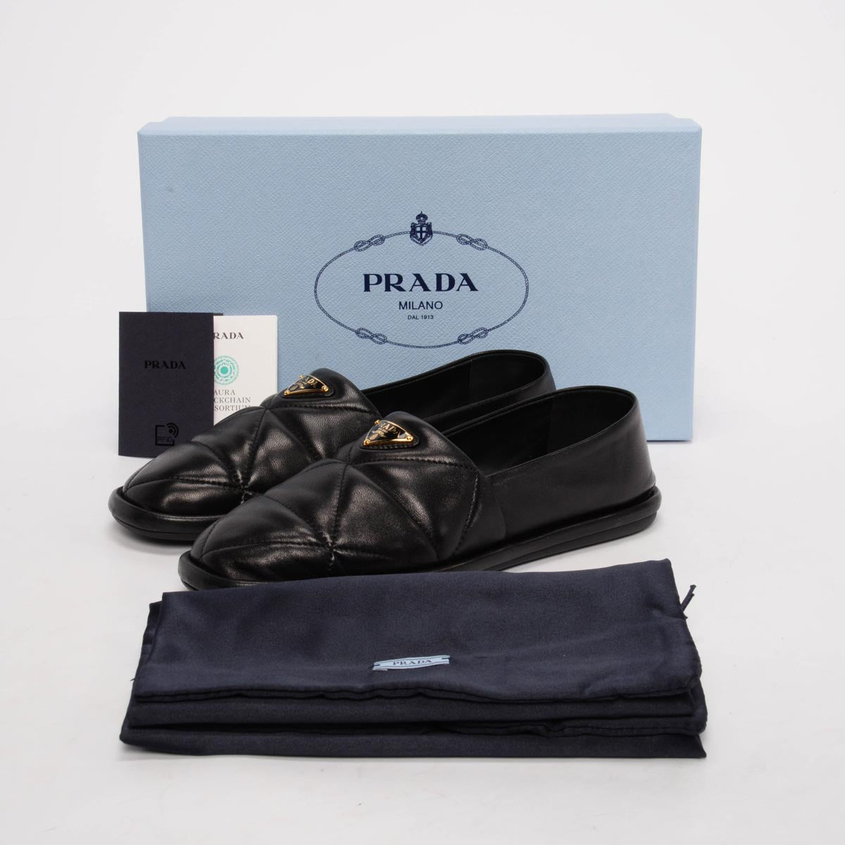 Prada Black Quilted Nappa Logo Slip-On Loafers 37