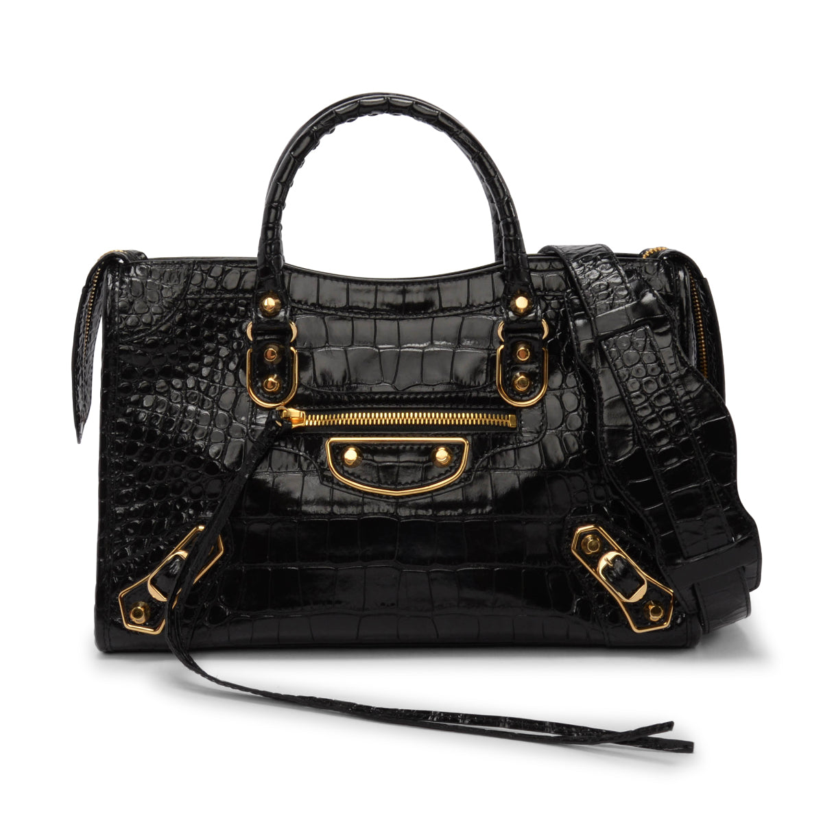 Balenciaga Black Croc Embossed Metallic Edge Small City Bag