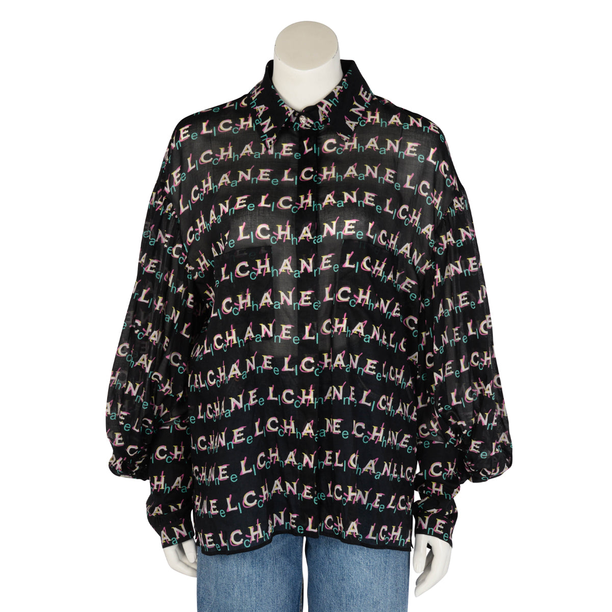 Chanel Black Cotton Logo Print Blouse FR 48