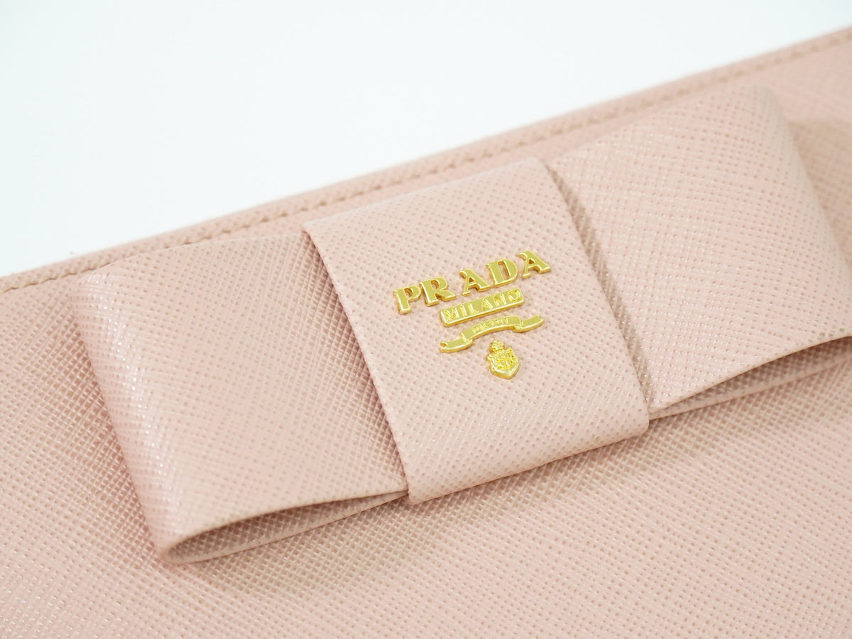 Prada Pink Saffiano Leather Bow Zip Around Wallet