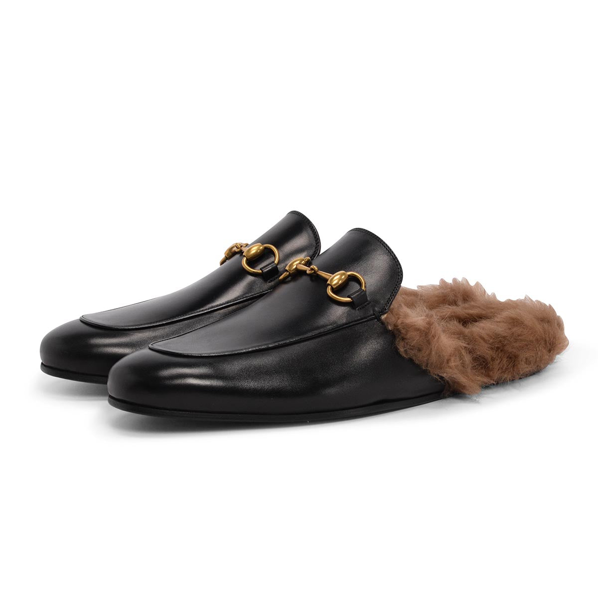 Gucci Black Calfskin & Lamb Fur 2015 Re-Edition Princetown Slippers 9.5