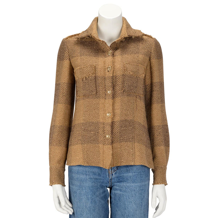 Chanel Brown Chevron Tweed Shirt Jacket FR 34