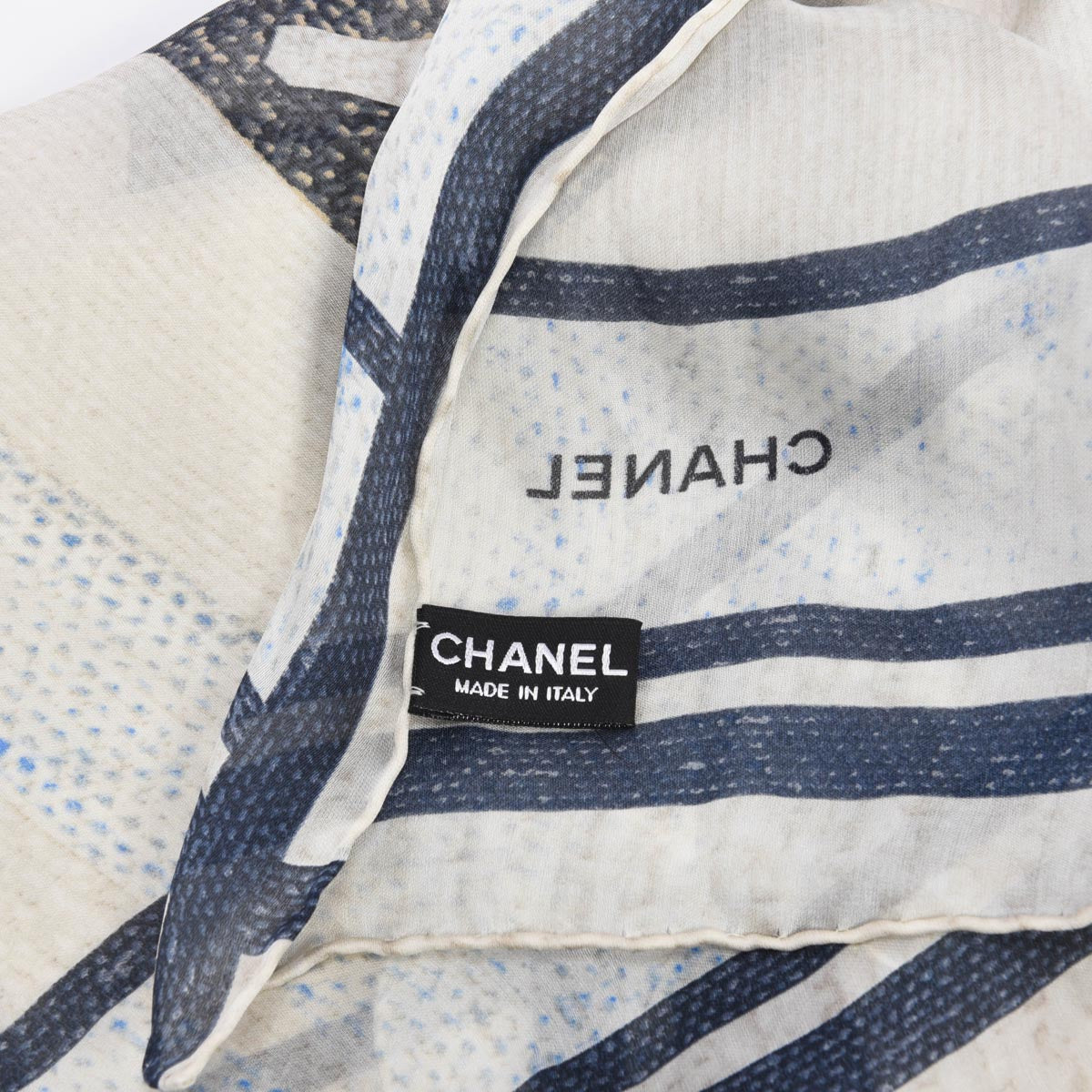 Chanel Cream & Blue Silk Chiffon CC Camellia Scarf