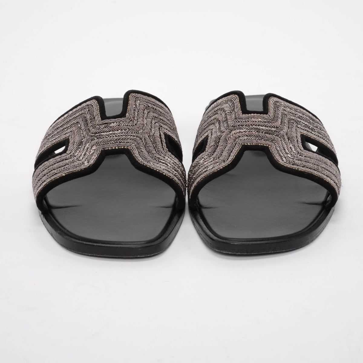 Hermes Black Suede Dabka Embroidered Oran Sandals 37