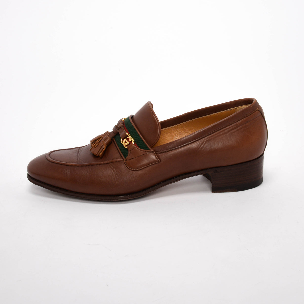 Gucci Brown Leather Paride Web Stripe Loafers 39.5