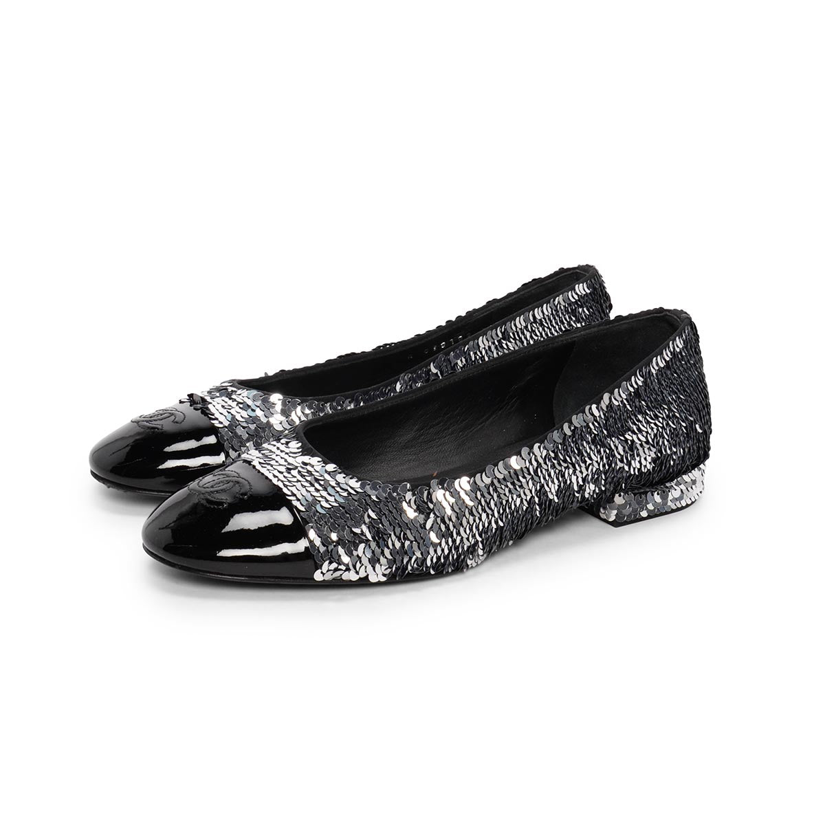 Chanel Black & Silver Sequin Encrusted CC Ballerina Flats 37.5