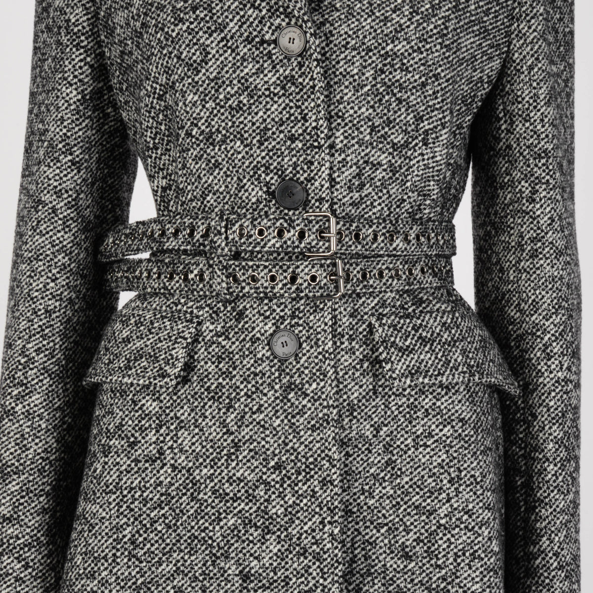 Dior Black & White Wool Tweed Belted Coat FR 40