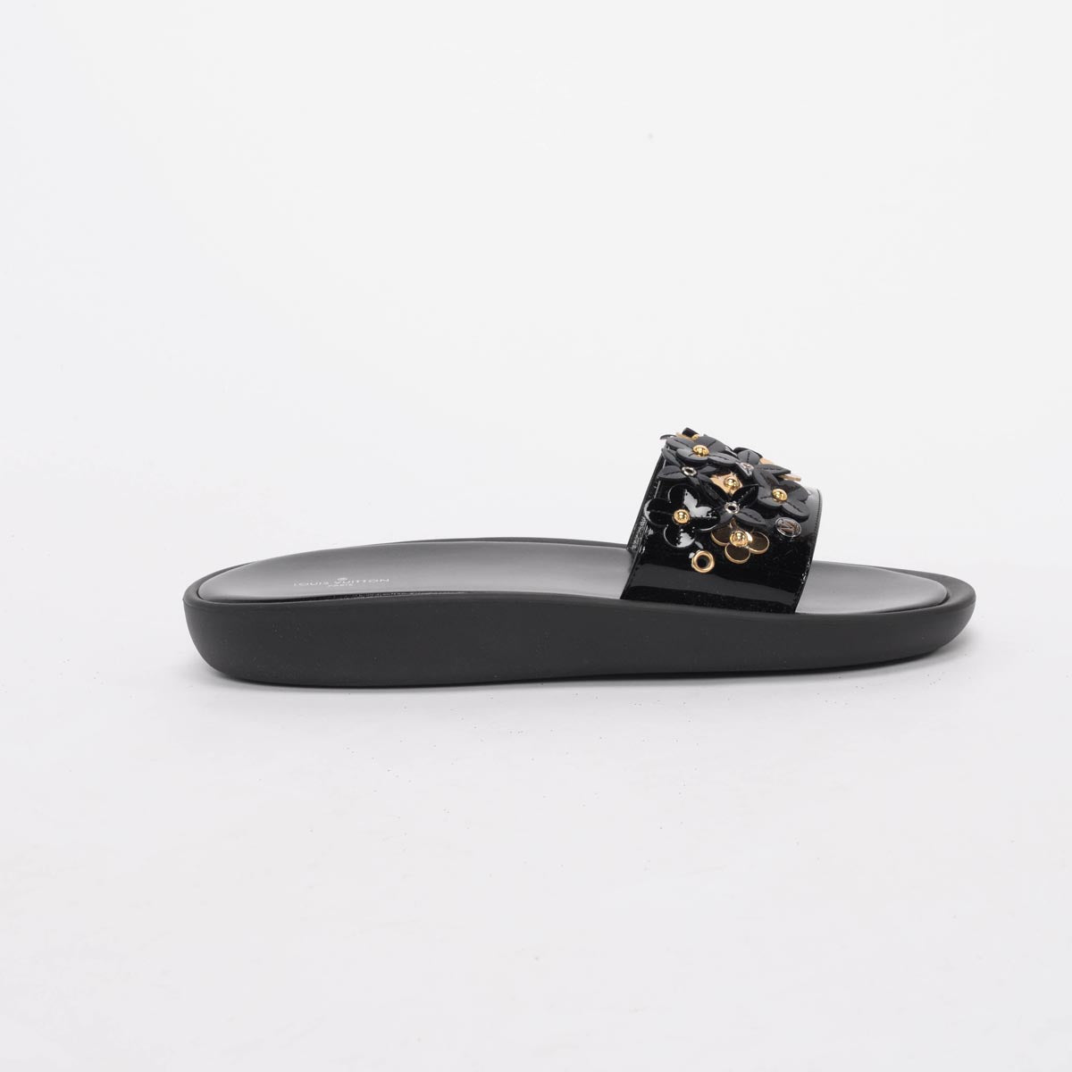 Louis Vuitton Black Patent Sunbath Flower Slides 40