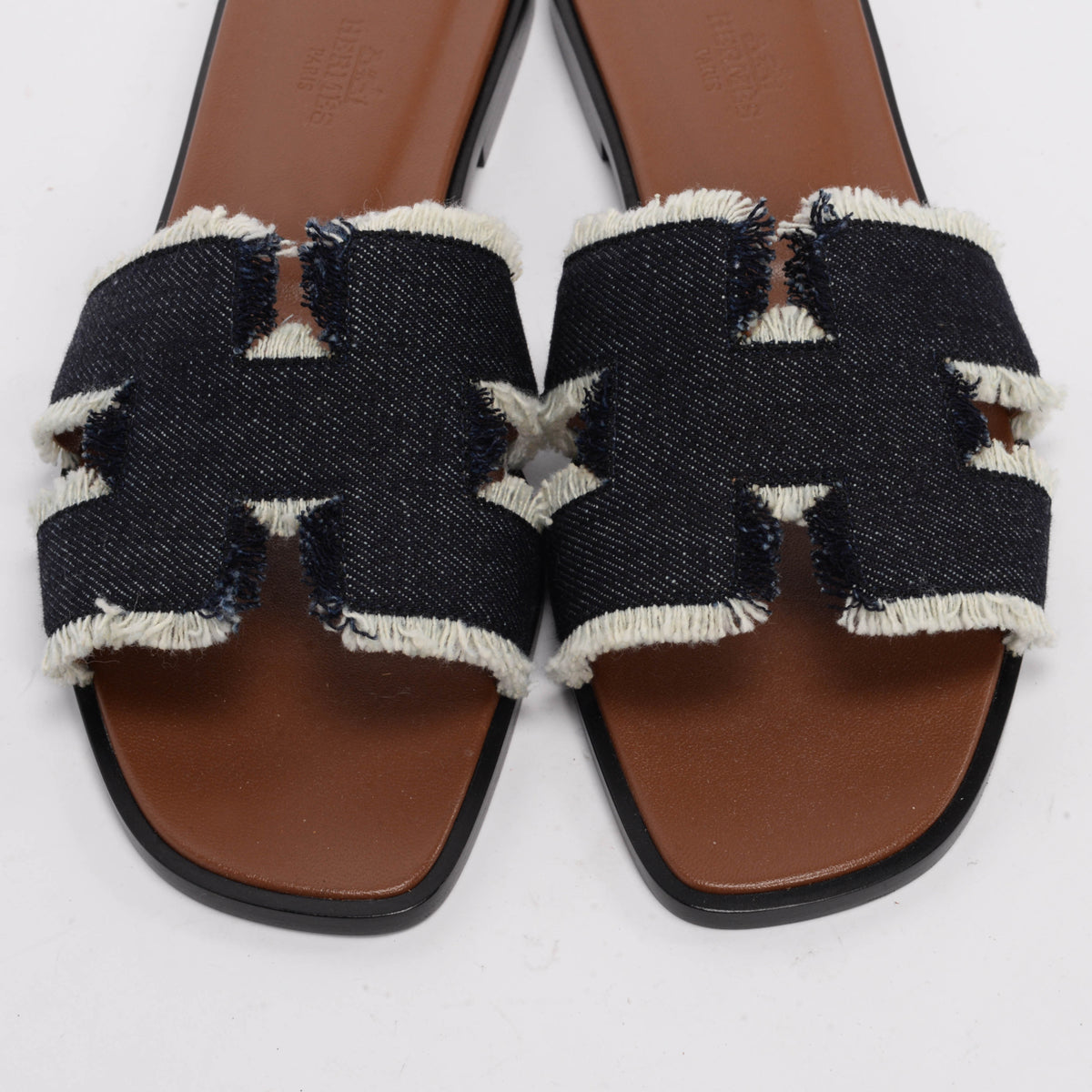 Hermes Bleu Brut Fringed Denim Oran Sandals 38