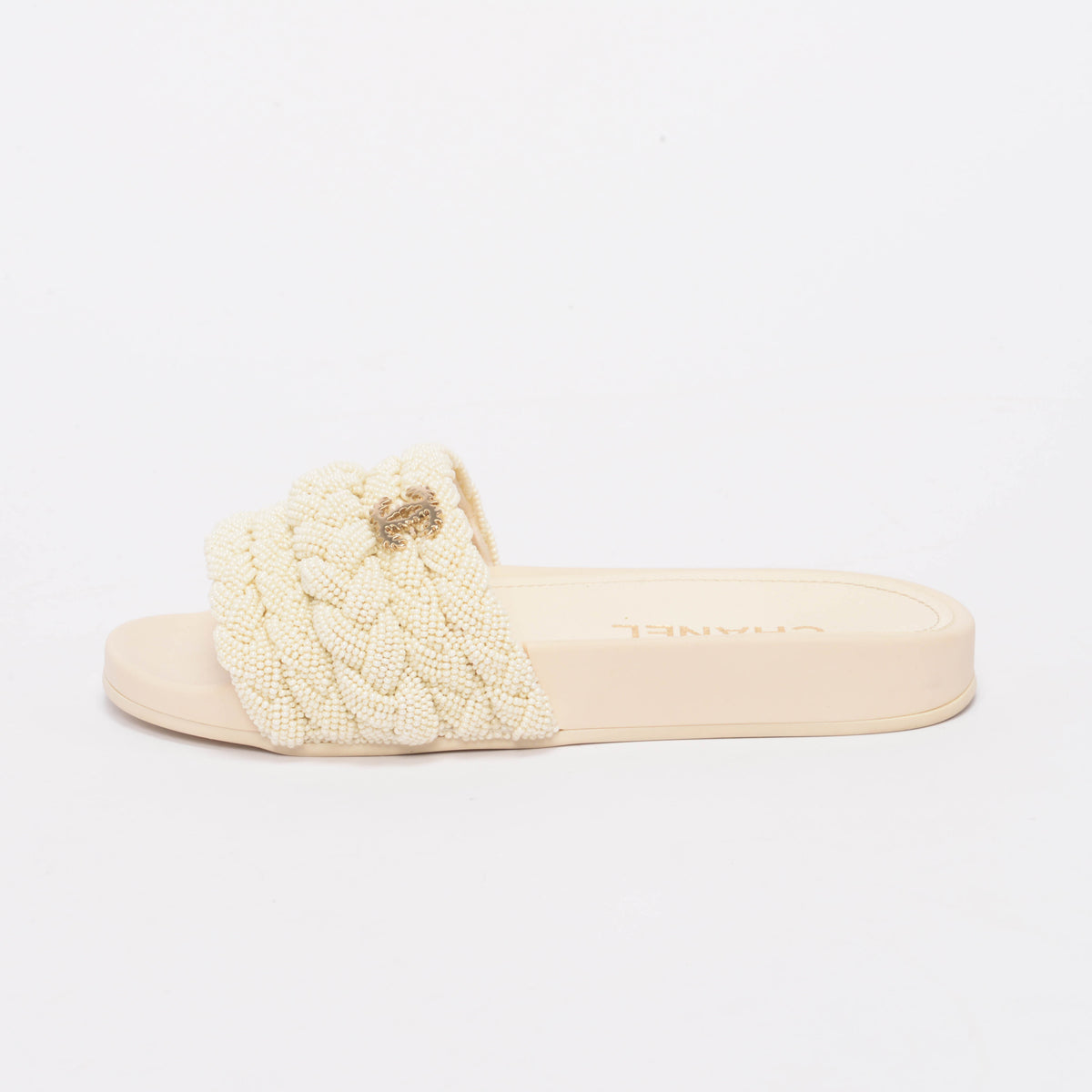 Chanel Beige Lambskin Pearl Braided Slides 35