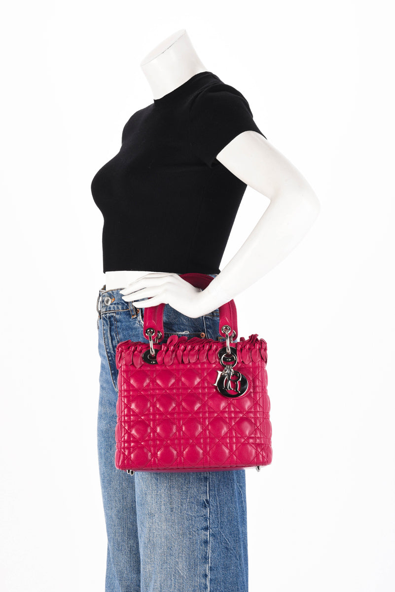 Dior Dark Pink Lambskin Cannage Medium Bow Lady Dior