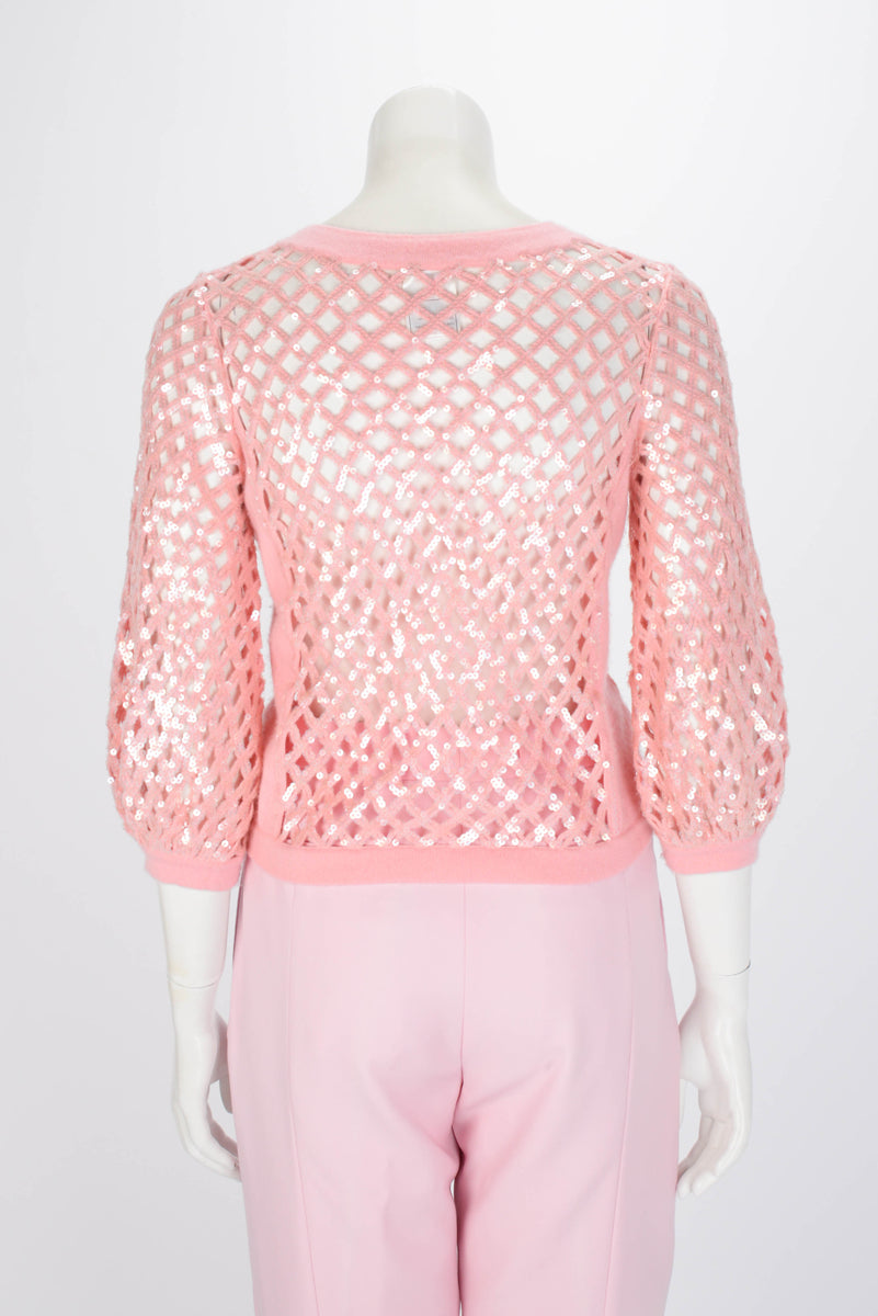 Chanel Pink Cashmere Sequin Quilt Cardigan FR 38