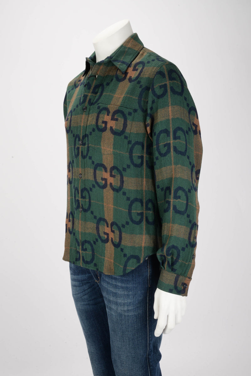 Gucci Green Wool Jumbo GG Check Shirt IT 44