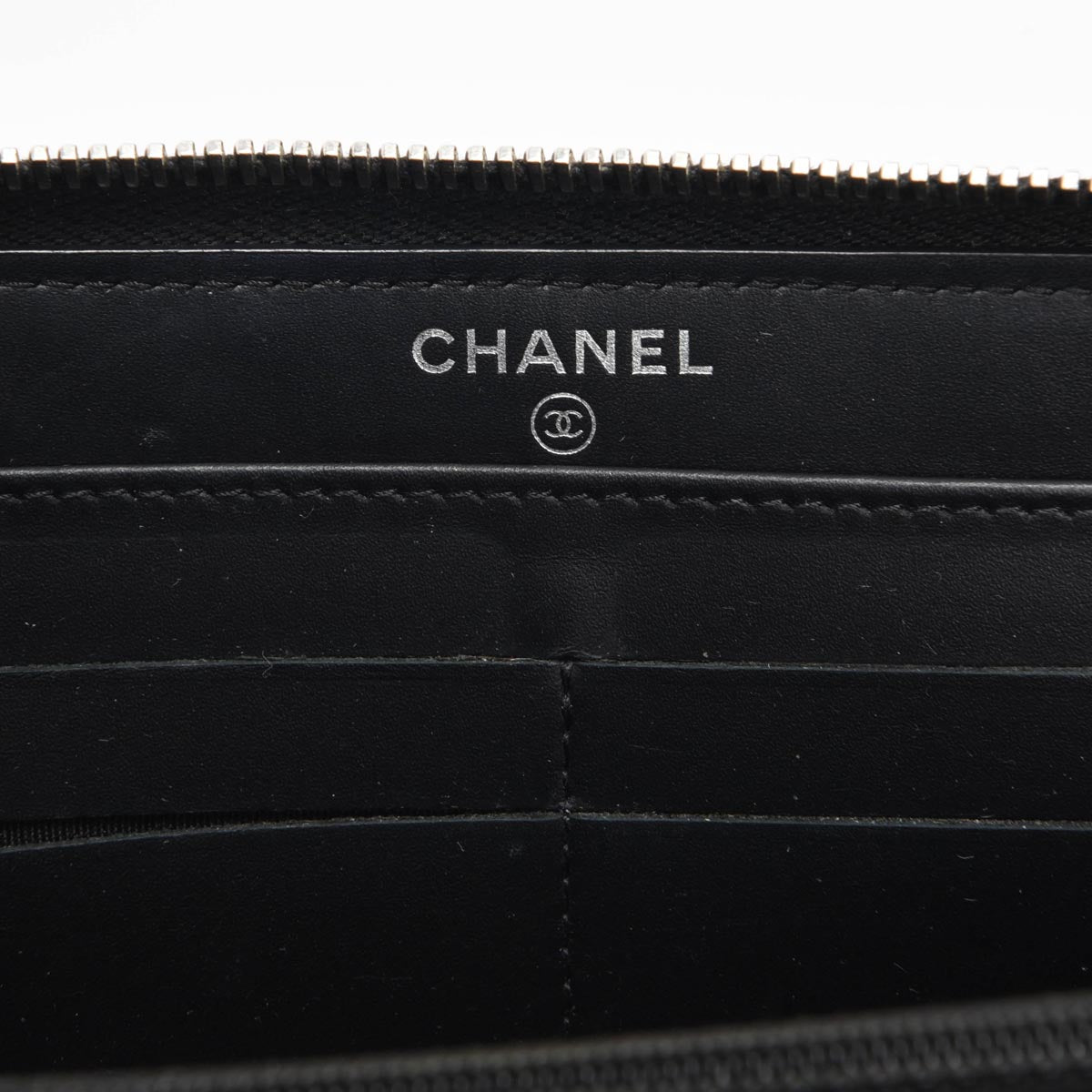 Chanel Black Chevron Patent CC Zip Around Wallet