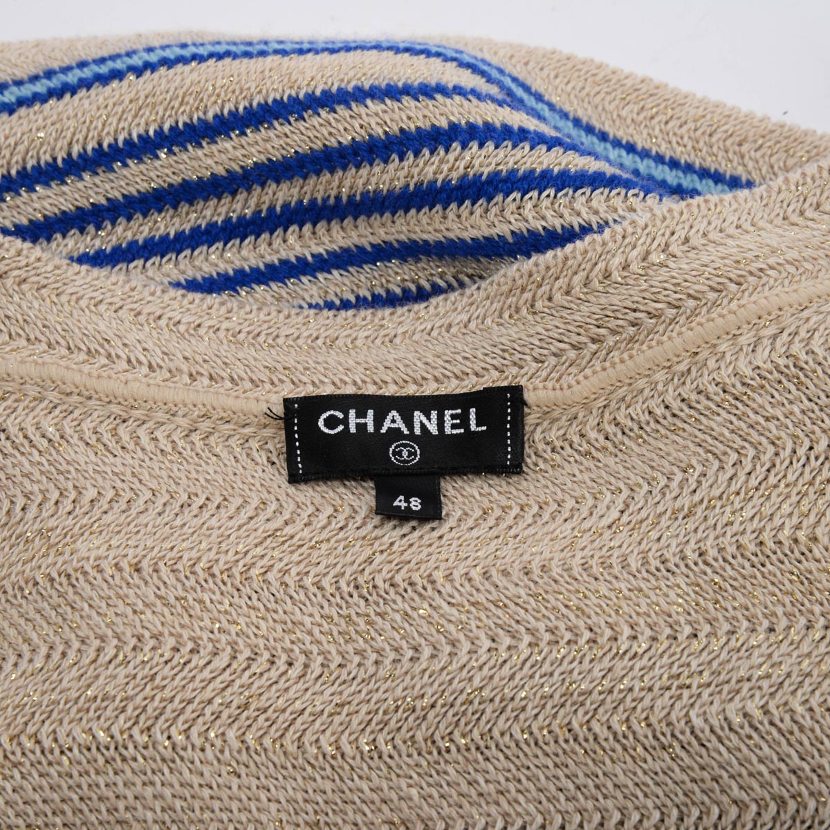 Chanel Beige & Blue Metallic Knit Striped Cardigan FR 48