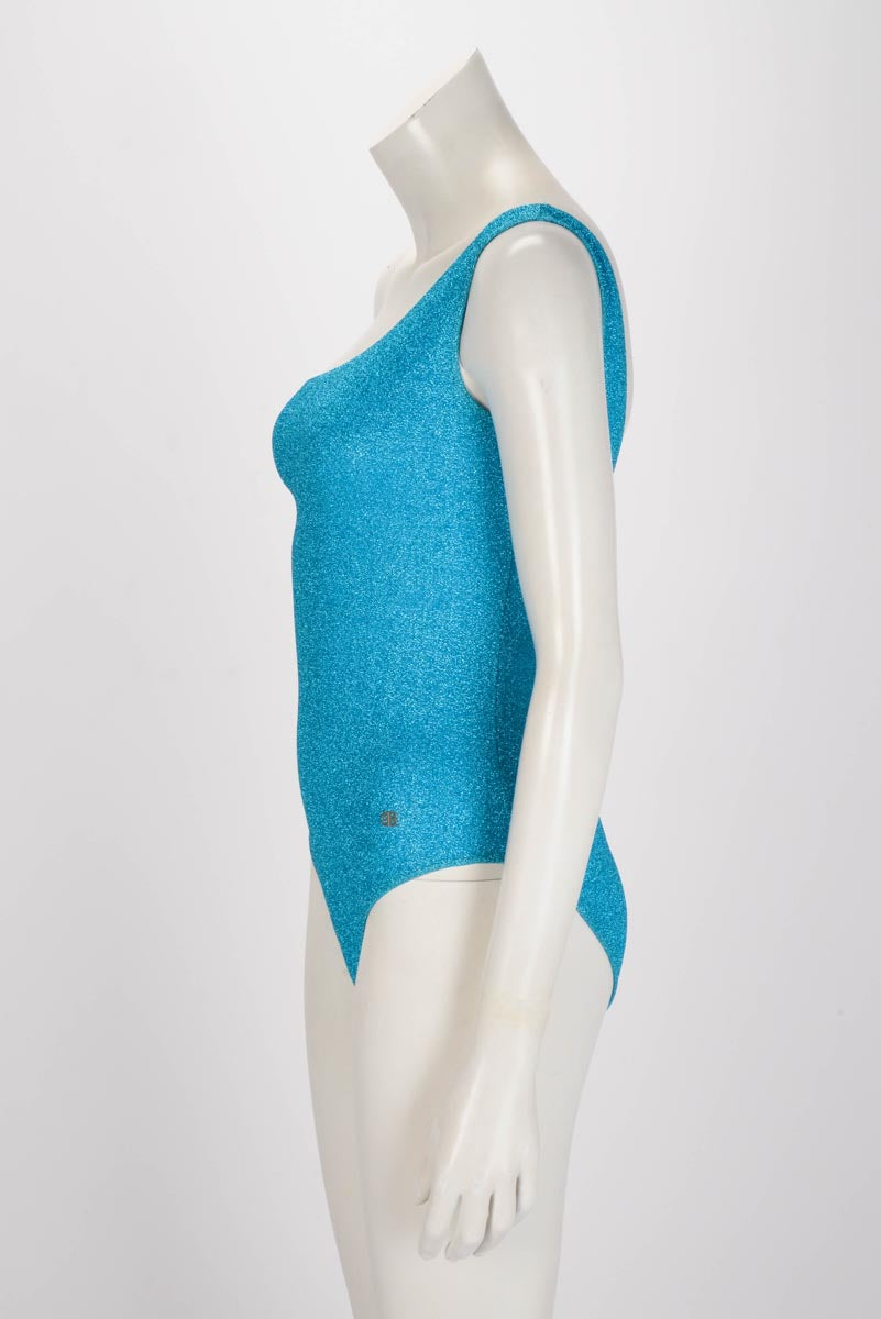 Balenciaga Turquoise Lurex Jersey One Shoulder Swimsuit S