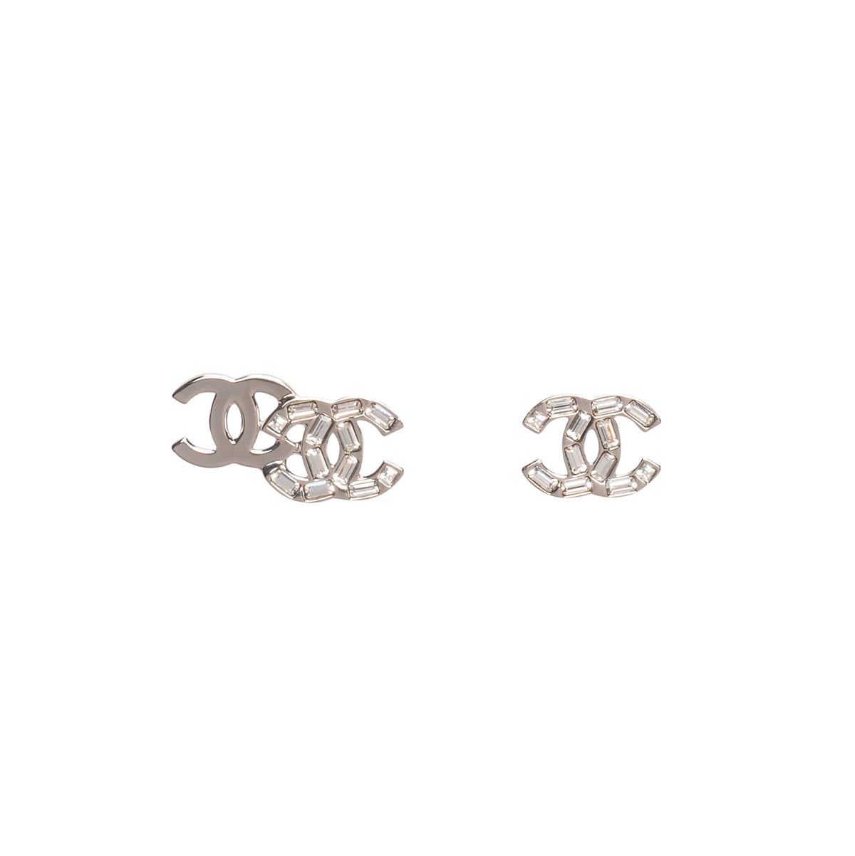 Chanel Silver Crystal Double CC Stud Earrings