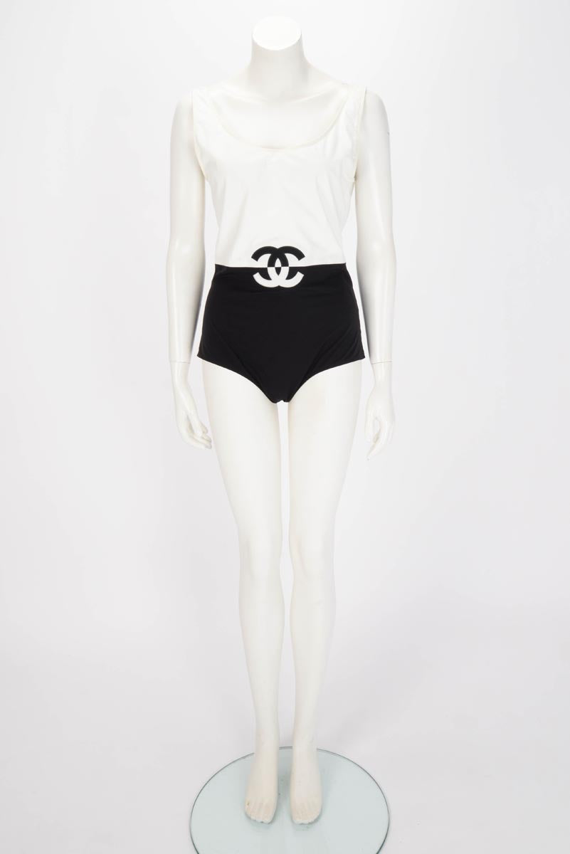 Chanel Black & White Split CC One Piece Swimsuit FR 44