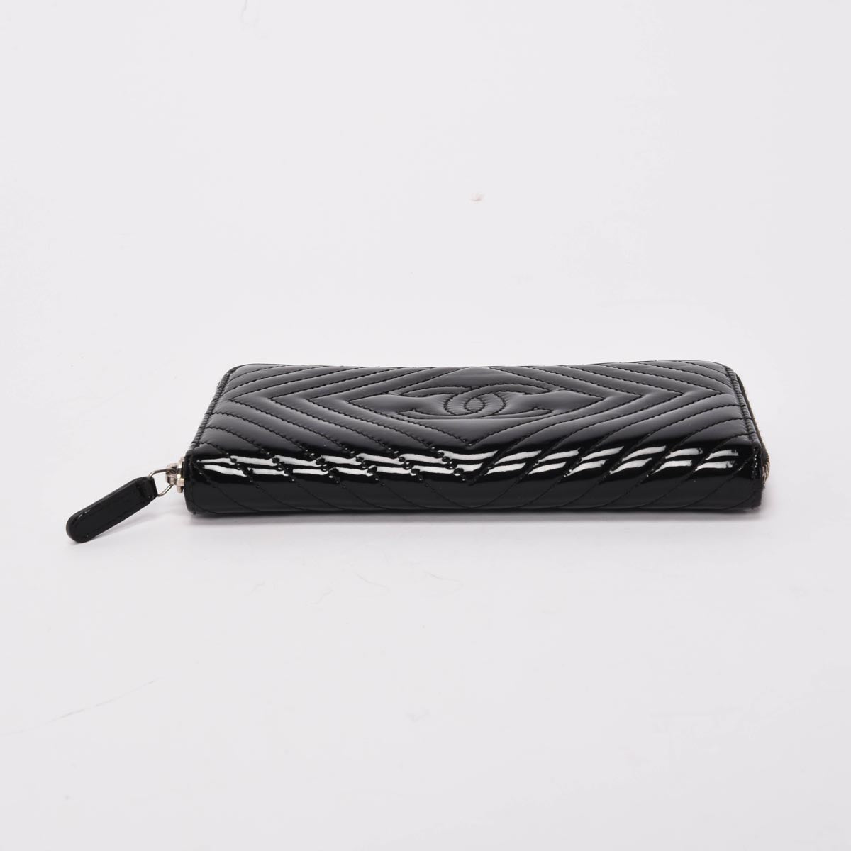 Chanel Black Chevron Patent CC Zip Around Wallet