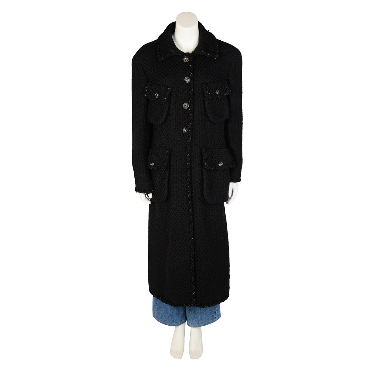 Chanel Black Wool Boucle Braided Trim Coat FR 50