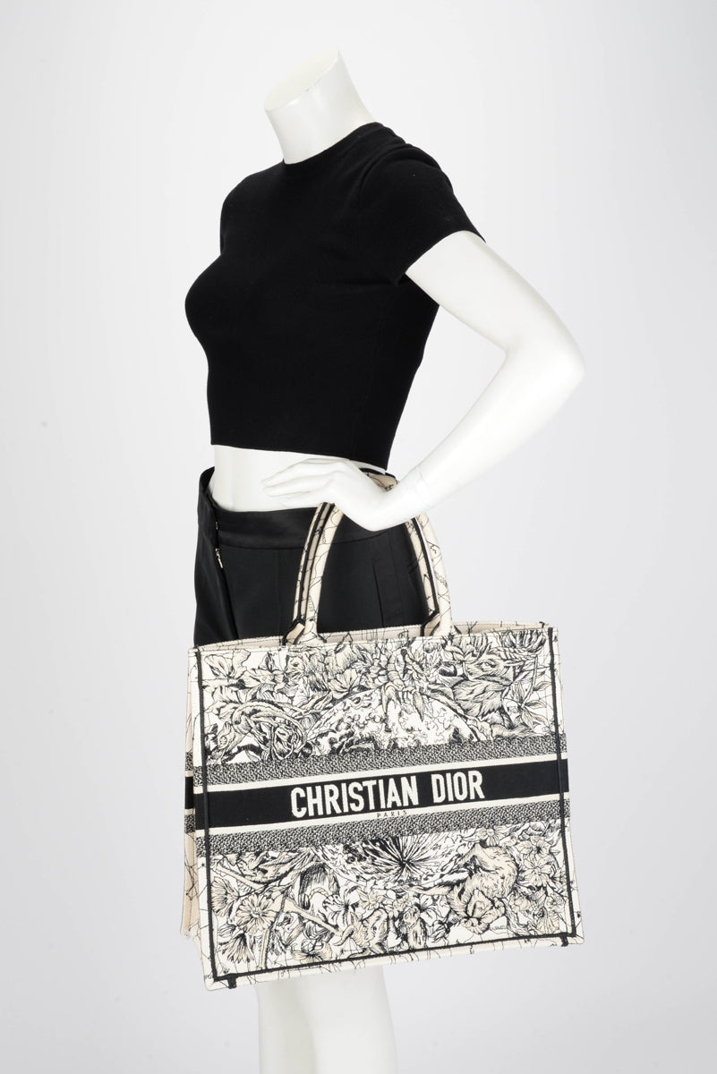 Dior Black & White Embroidered Zodiac Canvas Medium Book Tote