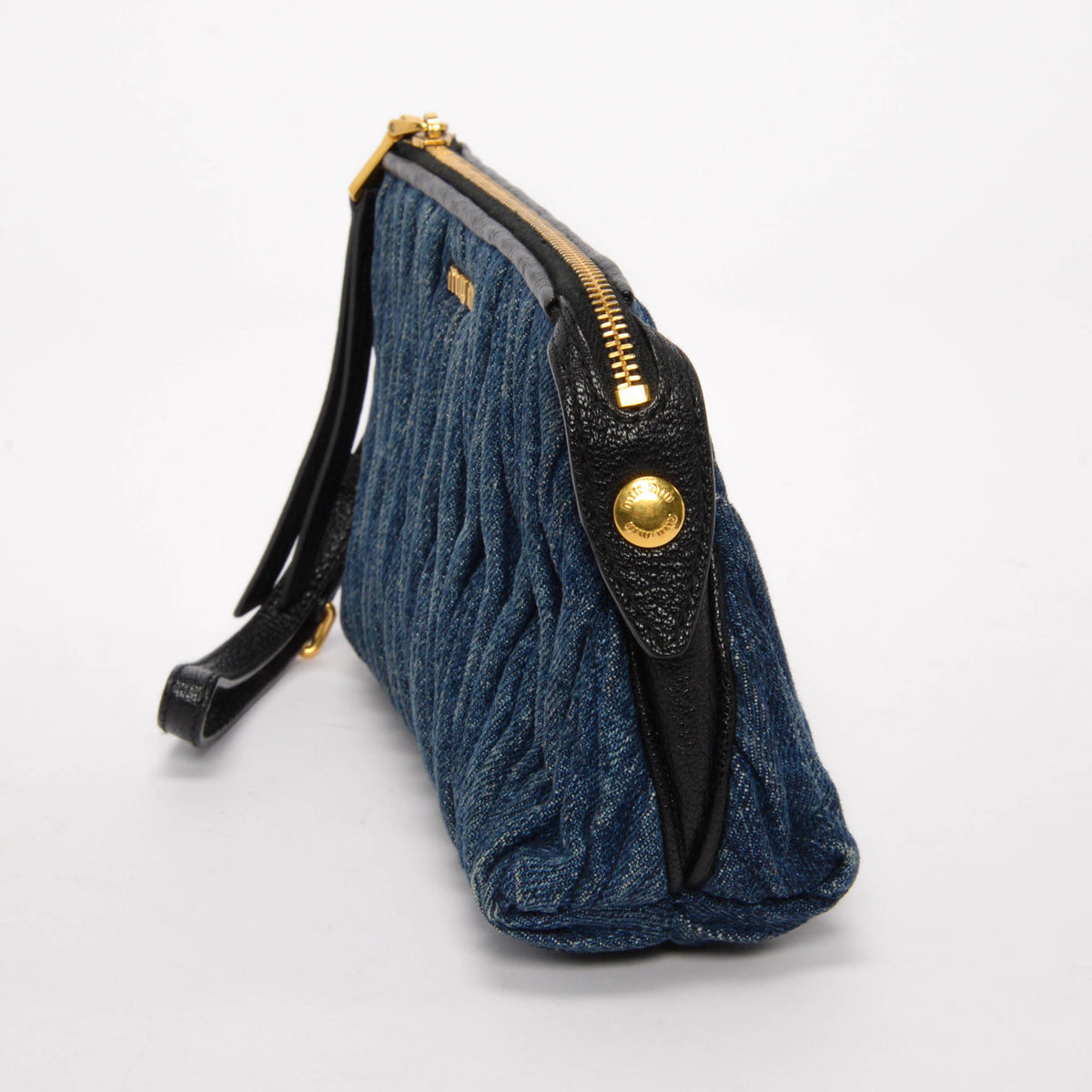 Miu Miu Washed Blue Matelasse Denim Wristlet Pouch