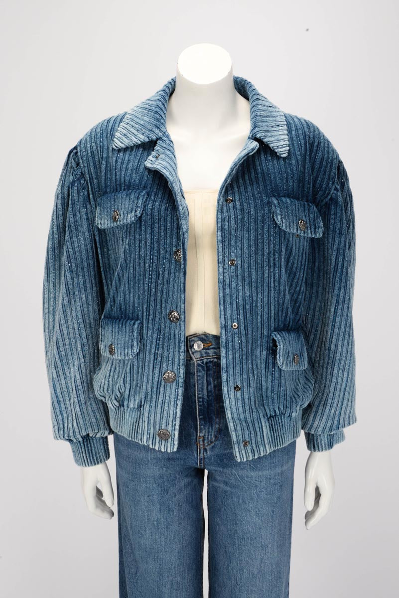 Chanel Blue Velvet & Strass Bomber Jacket FR 34