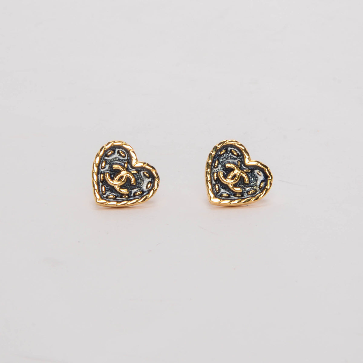 Chanel Gold Denim CC Heart Earrings