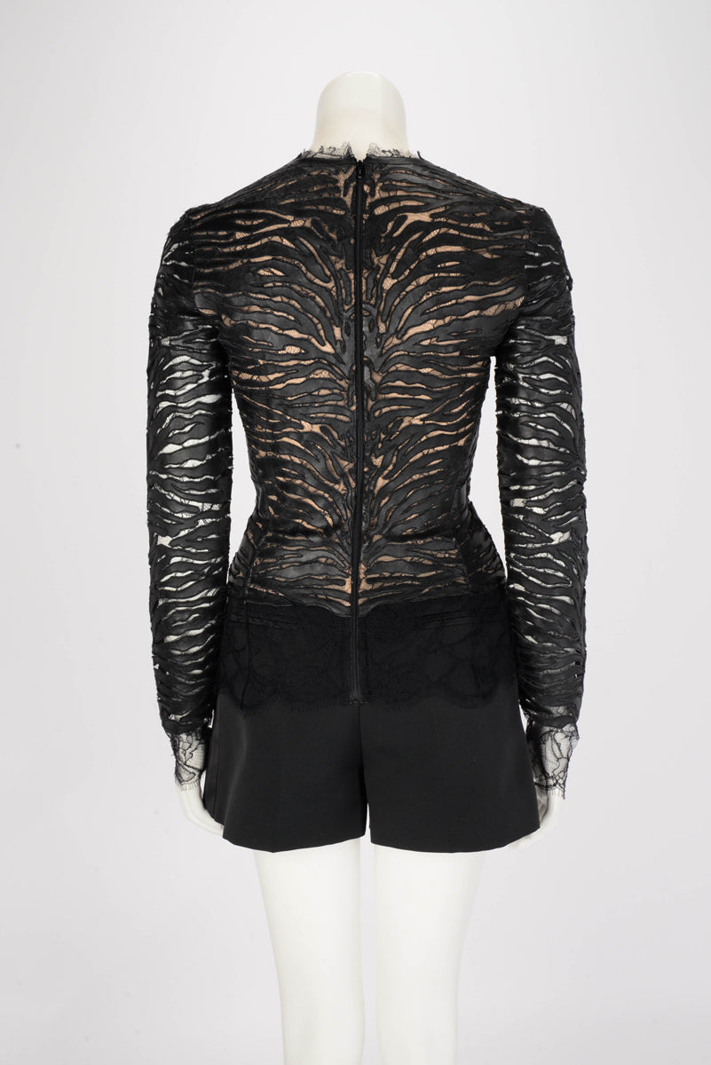 Alexandre Vauthier Black Lambskin & Lace Long Sleeve Top FR 36