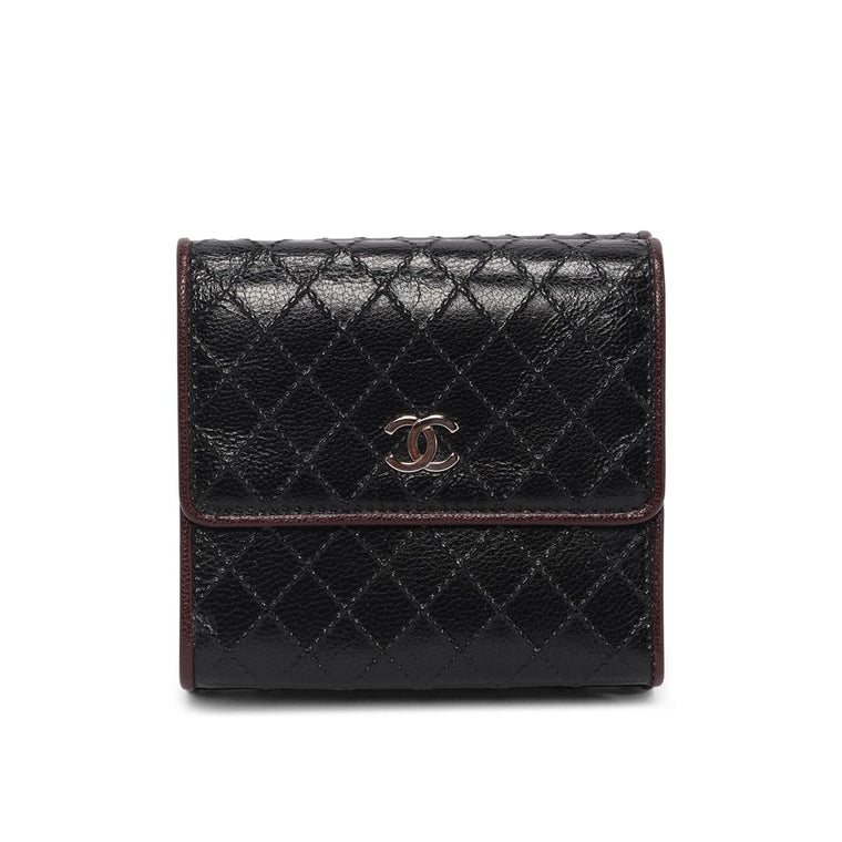 Chanel Black & Burgundy Embossed Quilt Compact Wallet